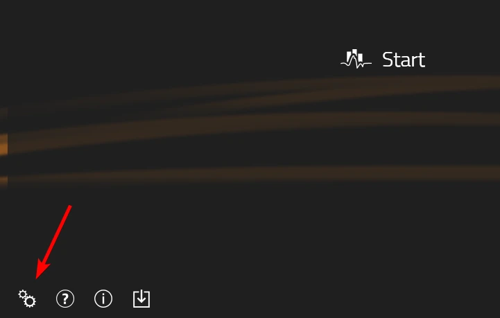 Swing Catalyst start screen with a red arrow pointing to the settings icon at bottom left