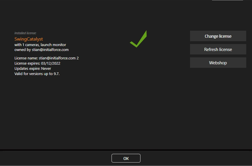 License dialog showing the installed license details, with the Change license, Refresh license and Webshop buttons