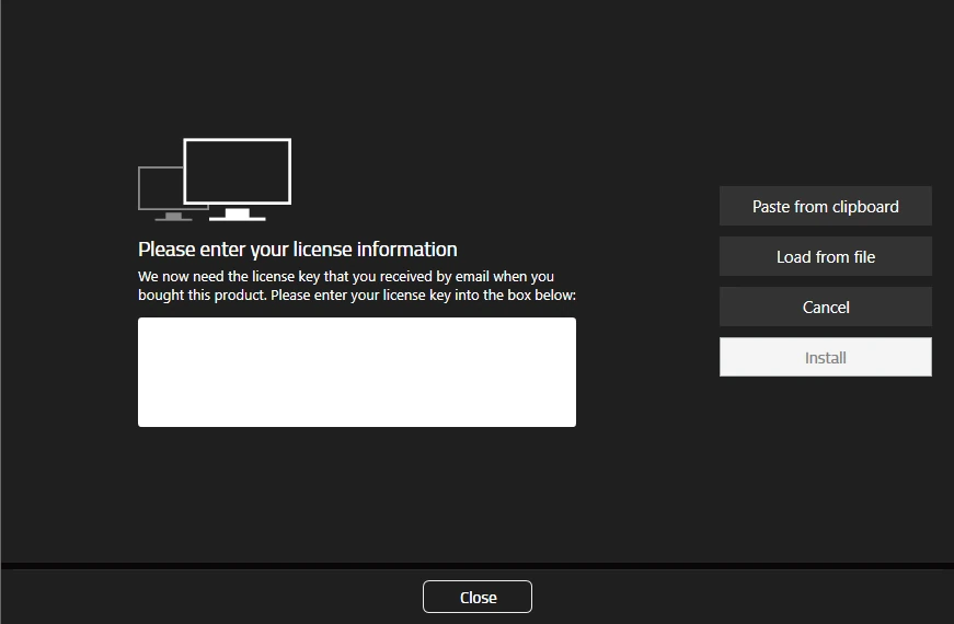 Please enter your license information dialog with an empty license key box and the Paste from clipboard, Load from file, Cancel and Install buttons
