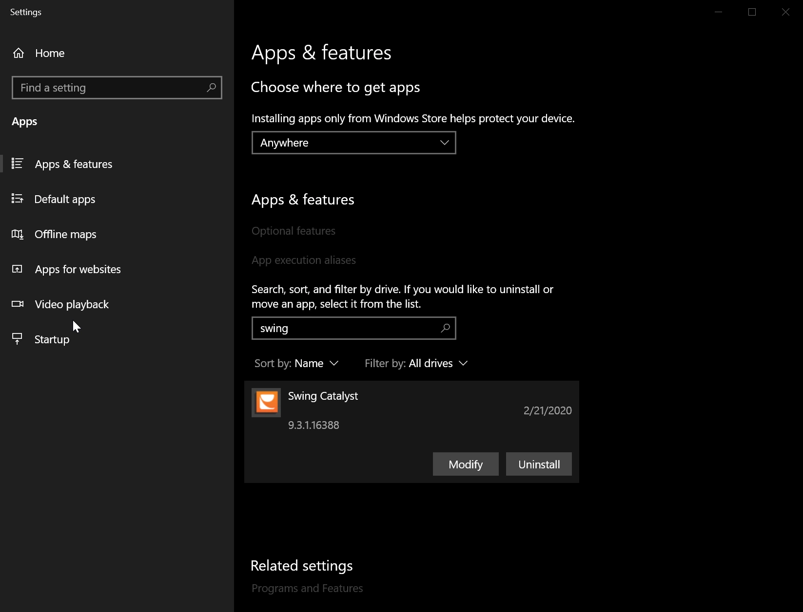Windows Settings, Apps & features, with a search for swing listing Swing Catalyst and its version number 9.3.1.16388