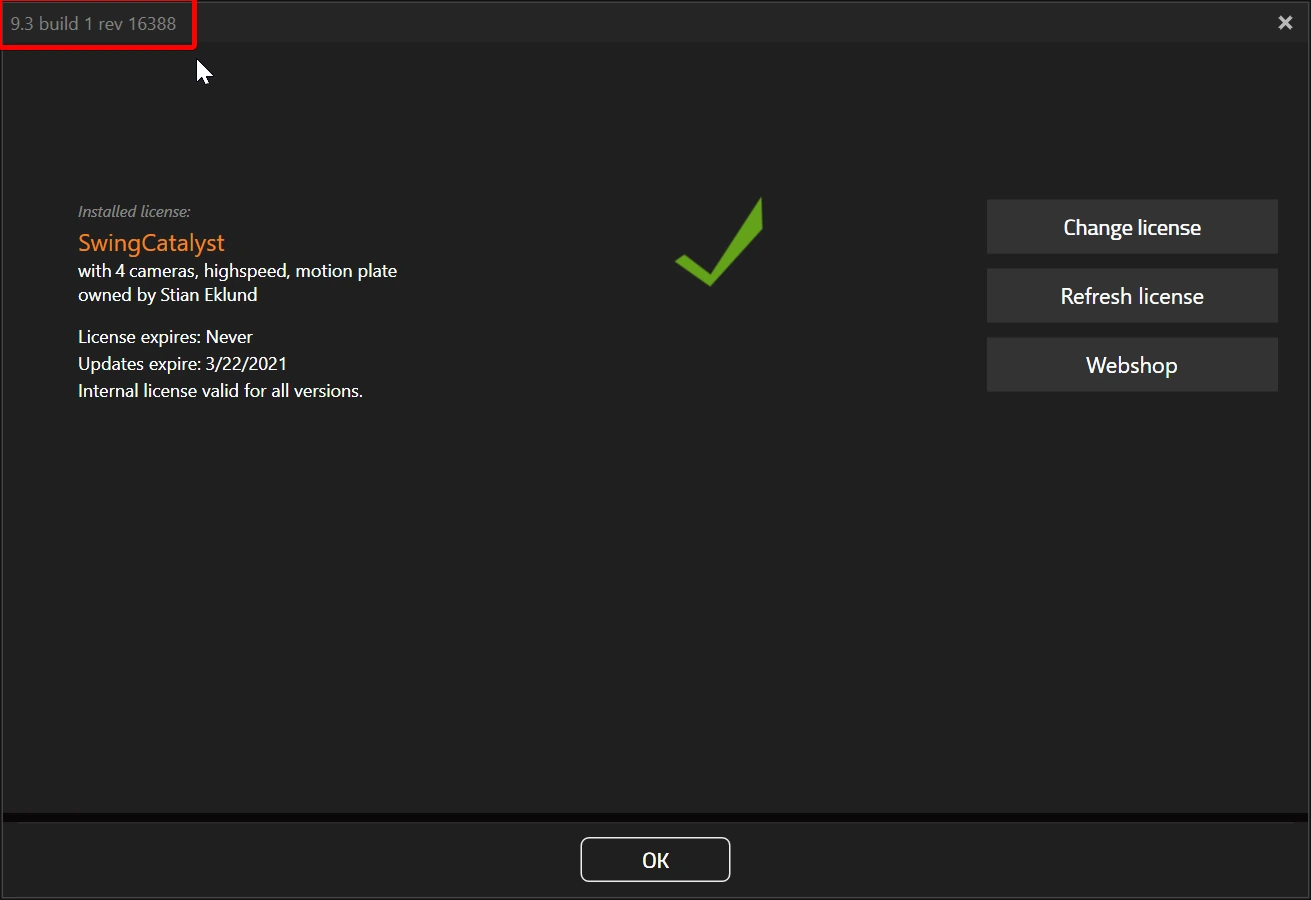 License configuration window with the version number, here 9.3 build 1 rev 16388, highlighted in red in the top left corner