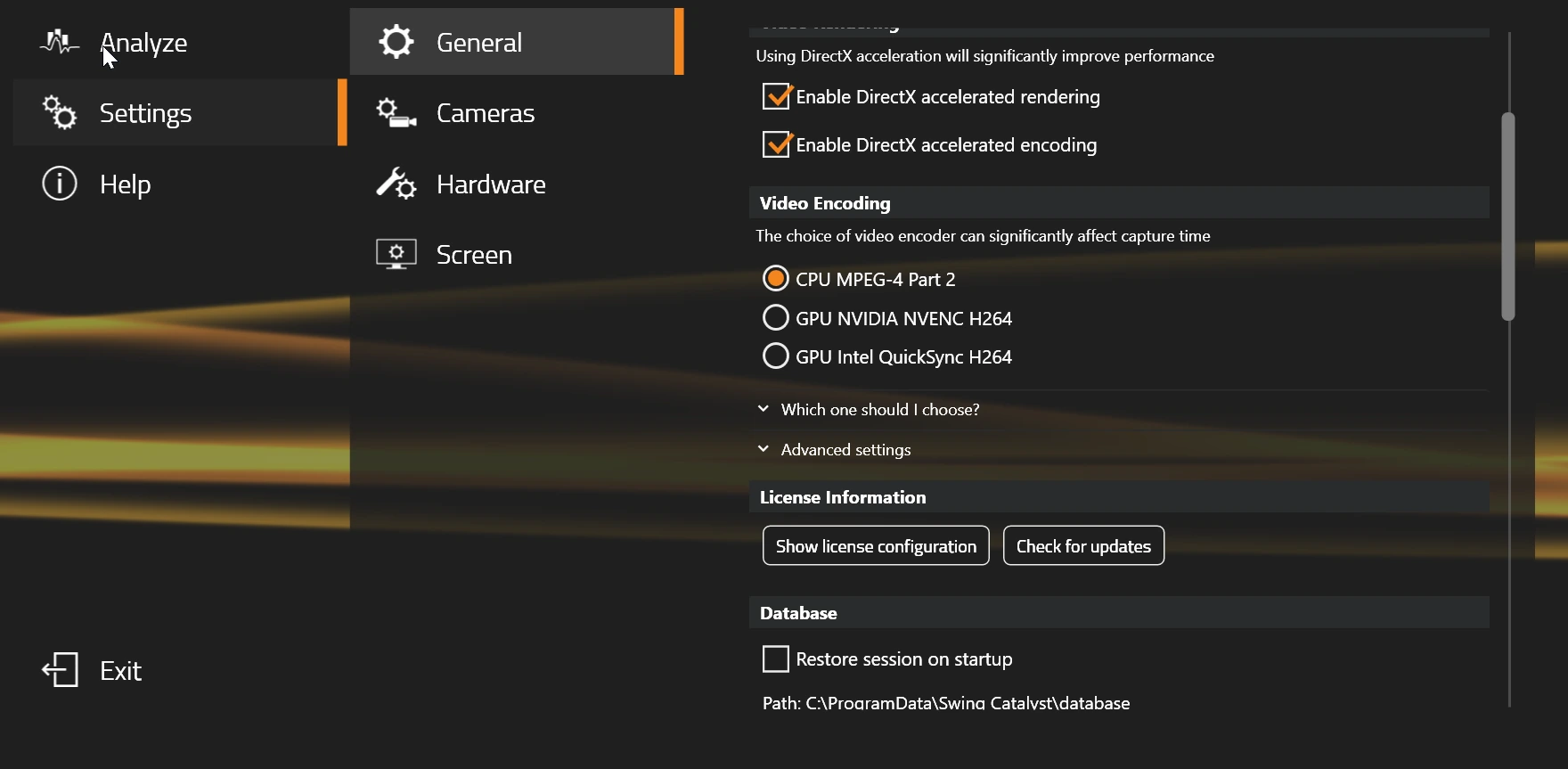 Settings menu with General selected, showing the Show license configuration button under License Information