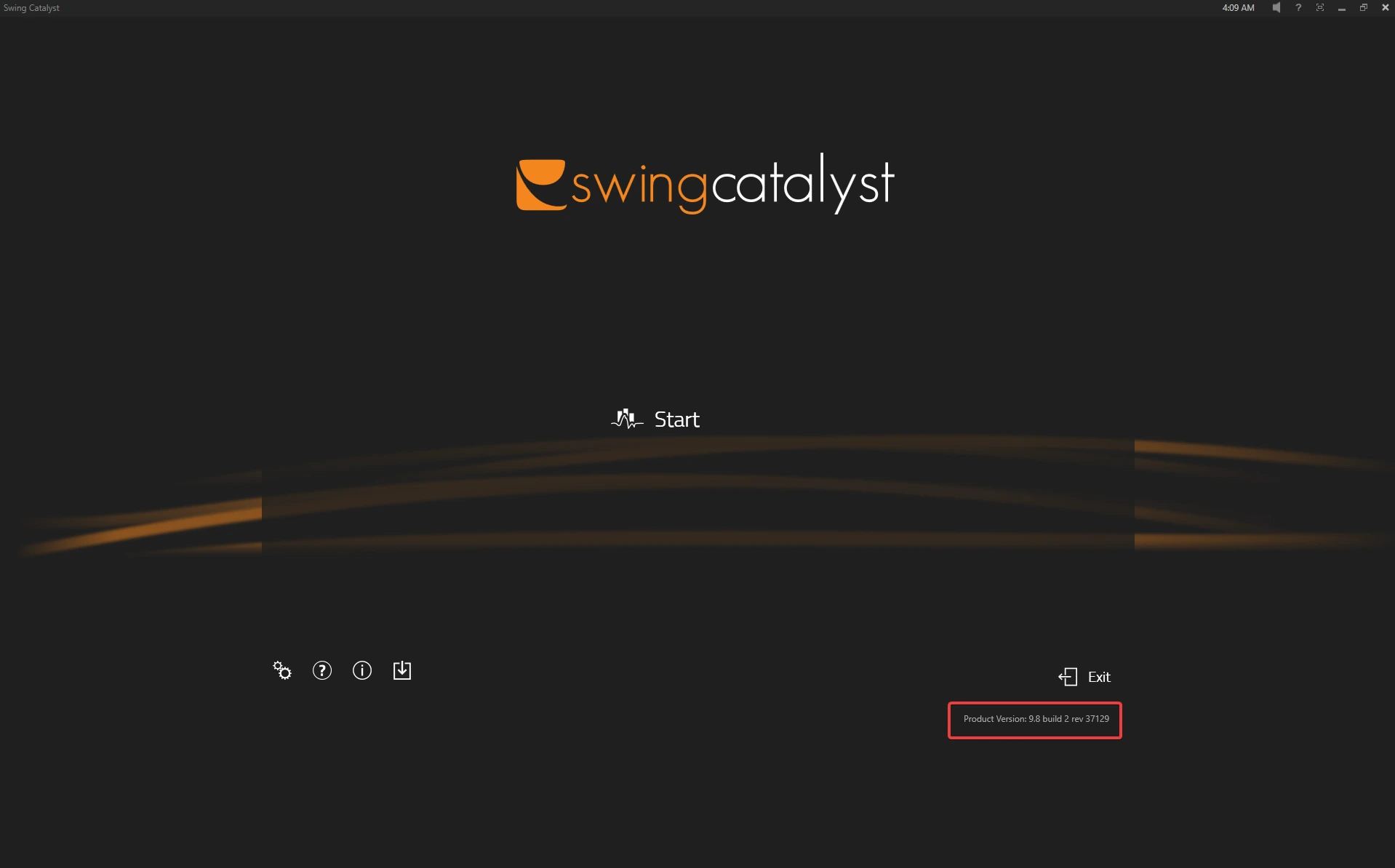 Swing Catalyst start screen with the product version, here 9.8 build 2 rev 37129, highlighted in the bottom right corner below Exit