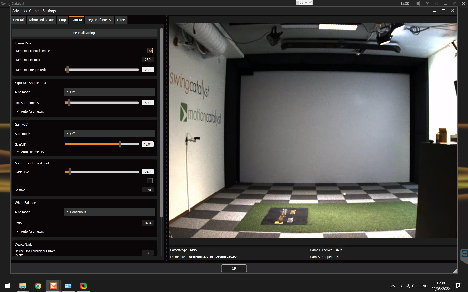 Advanced Camera Settings, Camera tab, with Frame Rate, Exposure Shutter, Gain, Gamma and BlackLevel, and White Balance settings next to a live camera view