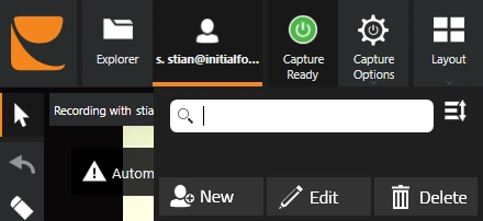 Select User drop-down opened from the toolbar, with a search box and the New, Edit and Delete buttons