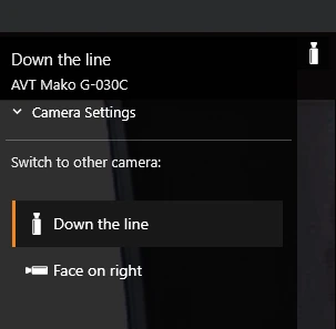 Camera menu for the Down the line camera, with Camera Settings and Switch to other camera listing Down the line and Face on right