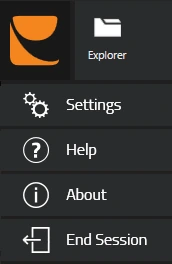 Swing Catalyst menu opened from the logo icon, with Settings, Help, About and End Session