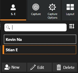 User list opened from the user button in the toolbar, with a search box, two users and the New, Edit and Delete buttons