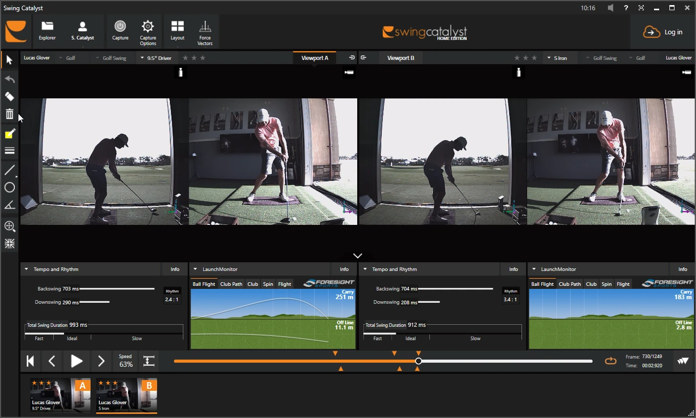 Compare layout with two recordings in Viewport A and Viewport B, each with Tempo and Rhythm and launch monitor ball flight panels below, and both recordings in the stack at the bottom