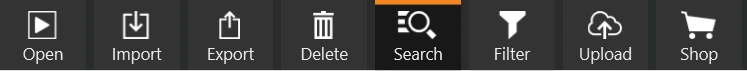 Explorer menu with the buttons Open, Import, Export, Delete, Search, Filter, Upload and Shop