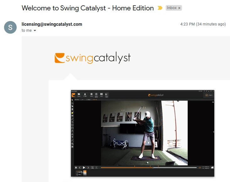 Example welcome email from licensing@swingcatalyst.com with the subject Welcome to Swing Catalyst - Home Edition
