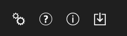 Main menu icons in a row: the gears icon for settings, help, about and download