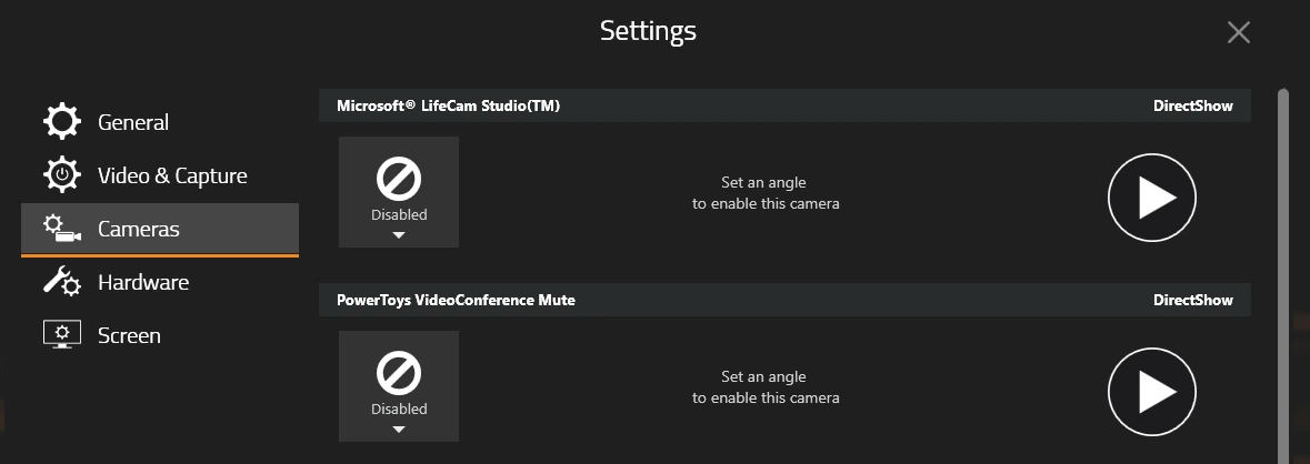 Cameras settings listing two detected cameras, each set to Disabled with the note Set an angle to enable this camera
