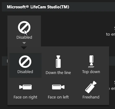 Angle menu opened from the Disabled icon, with the options Disabled, Down the line, Top down, Face on right, Face on left and Freehand