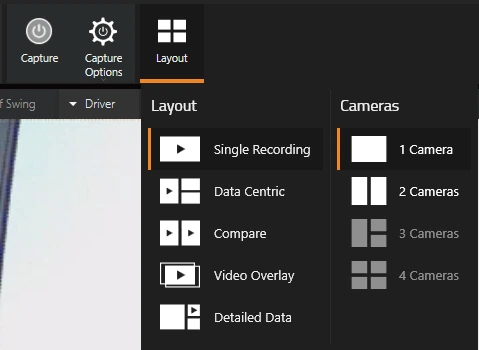Layout drop-down with the layouts Single Recording, Data Centric, Compare, Video Overlay and Detailed Data, and a Cameras list from 1 Camera to 4 Cameras