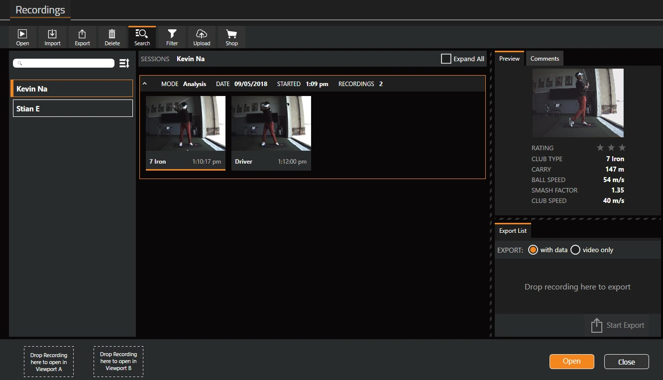 Explorer with users on the left, a session with two recordings in the middle, and the Preview tab with recording data on the right, plus Drop Recording here zones for Viewport A and Viewport B at the bottom