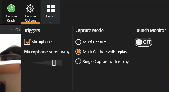 Capture Options panel with Triggers (Microphone ticked and the Microphone sensitivity slider), Capture Mode (Multi Capture, Multi Capture with replay selected, Single Capture with replay) and the Launch Monitor switch