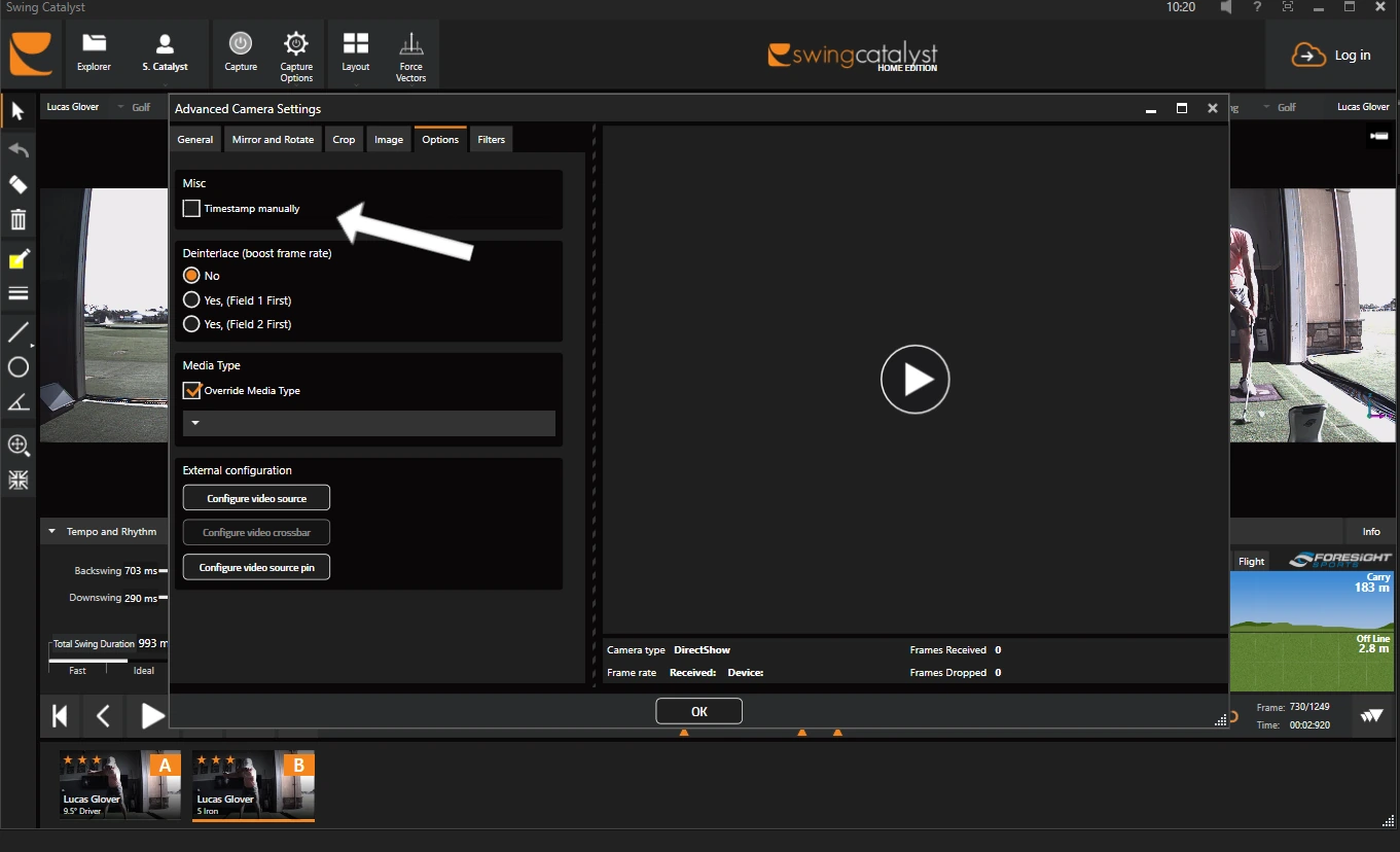 Advanced Camera Settings on the Options tab, with an arrow pointing to the Timestamp manually checkbox under Misc