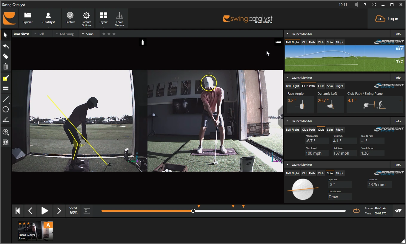 Analysis screen with a recorded swing from two cameras side by side, drawing lines on the video, and launch monitor data panels on the right