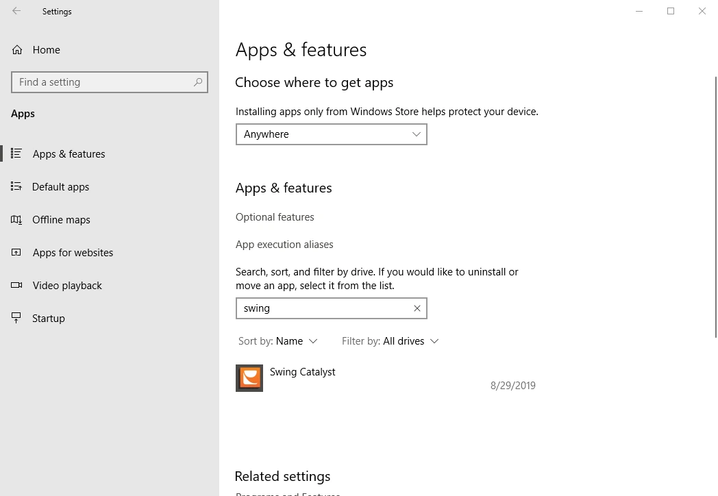 Apps & features page in Windows Settings, with swing typed in the search box and Swing Catalyst in the list