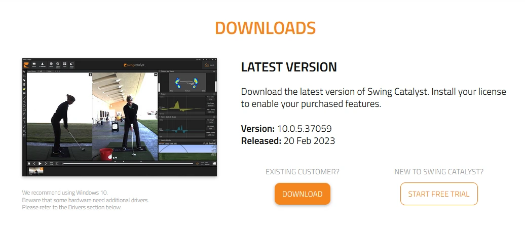 Swing Catalyst downloads page with the Download button under Existing customer
