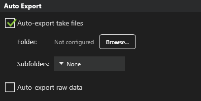 The Auto Export group with Auto-export take files ticked, showing a Folder row with a Browse button and a Subfolders list set to None