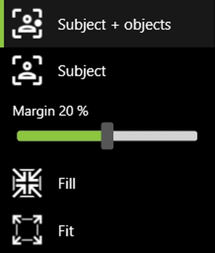 The Zoom Mode section in the tools panel, with the Subject and Subject + objects options and the Margin slider