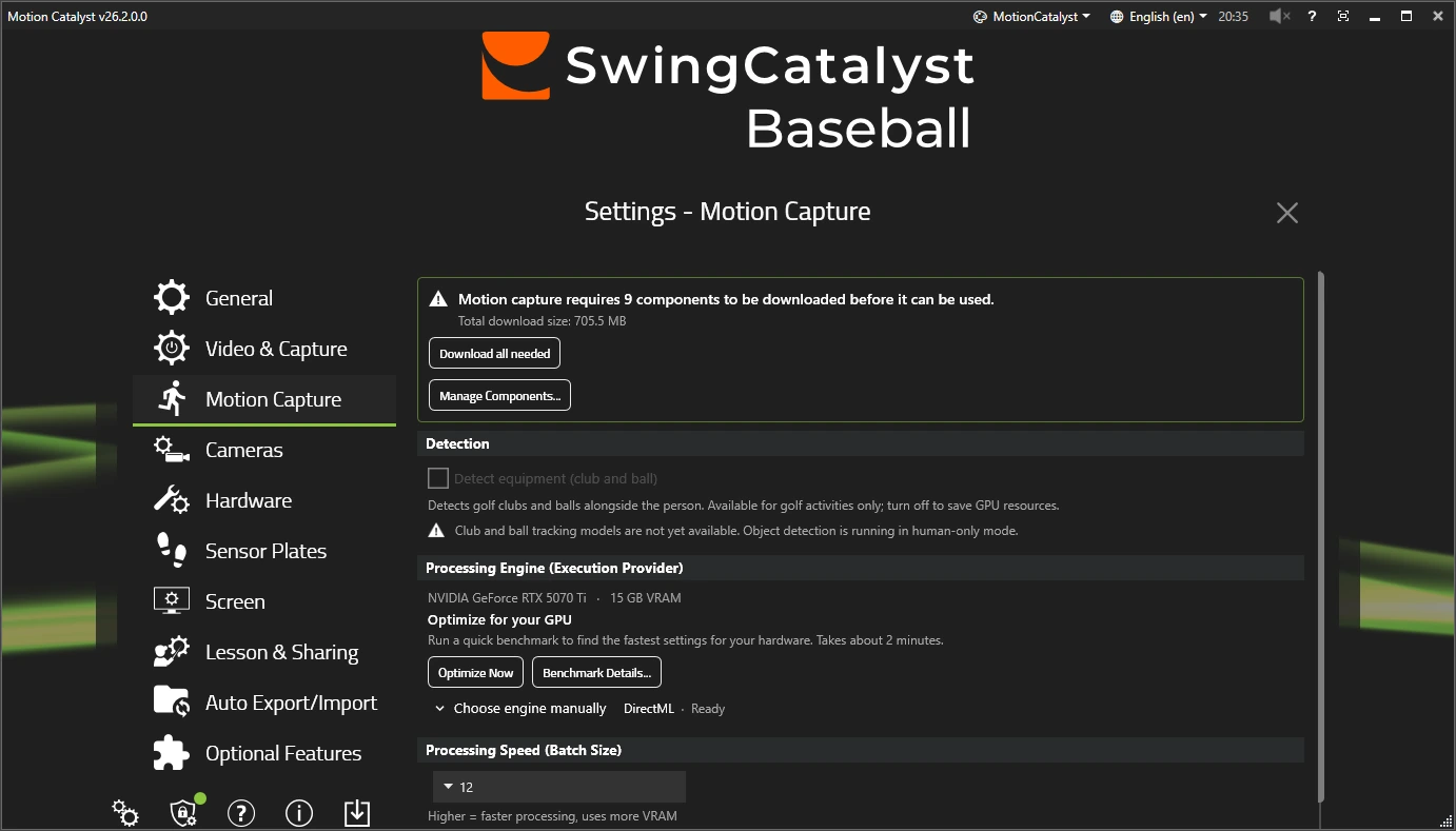 The Motion Capture settings page with the download banner