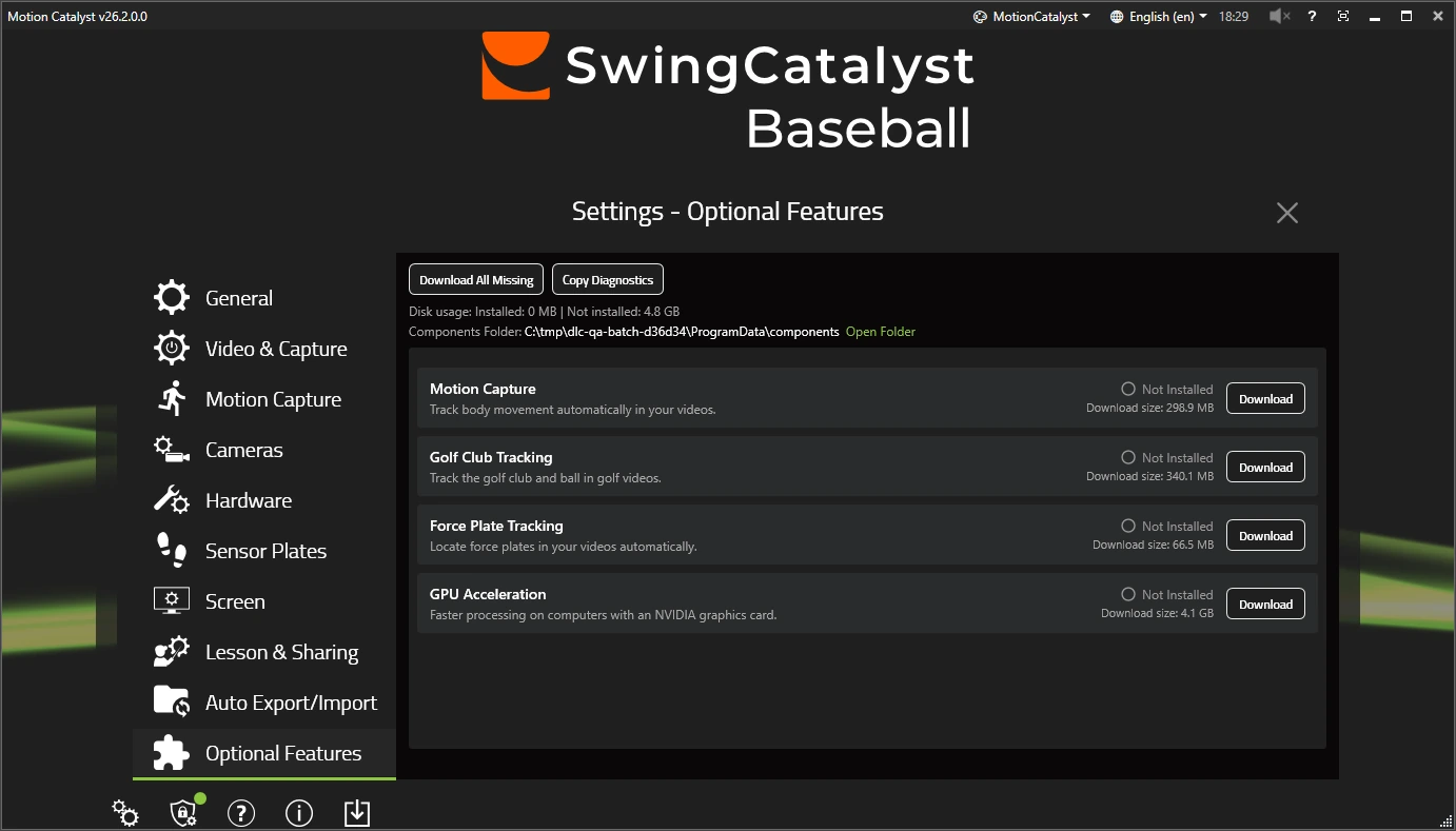 The Optional Features settings page with four groups